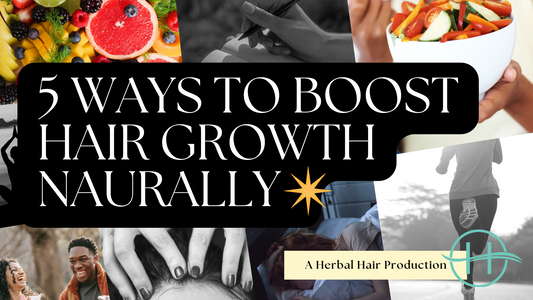 Blog image for the blog '5 ways to to boost hair growth naturally'. Images of people exercising, laughing, eating healthy food, writing in journals, practising yoga and having a scalp massage